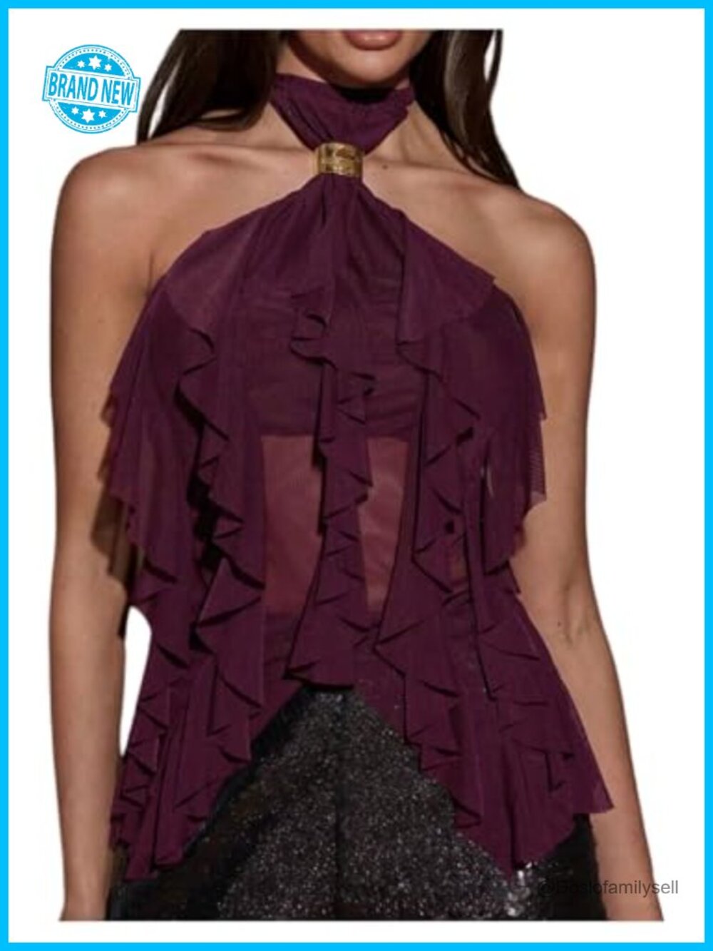 Sheer Mesh Halter Top Ruffle Tie Back Asymmetrical